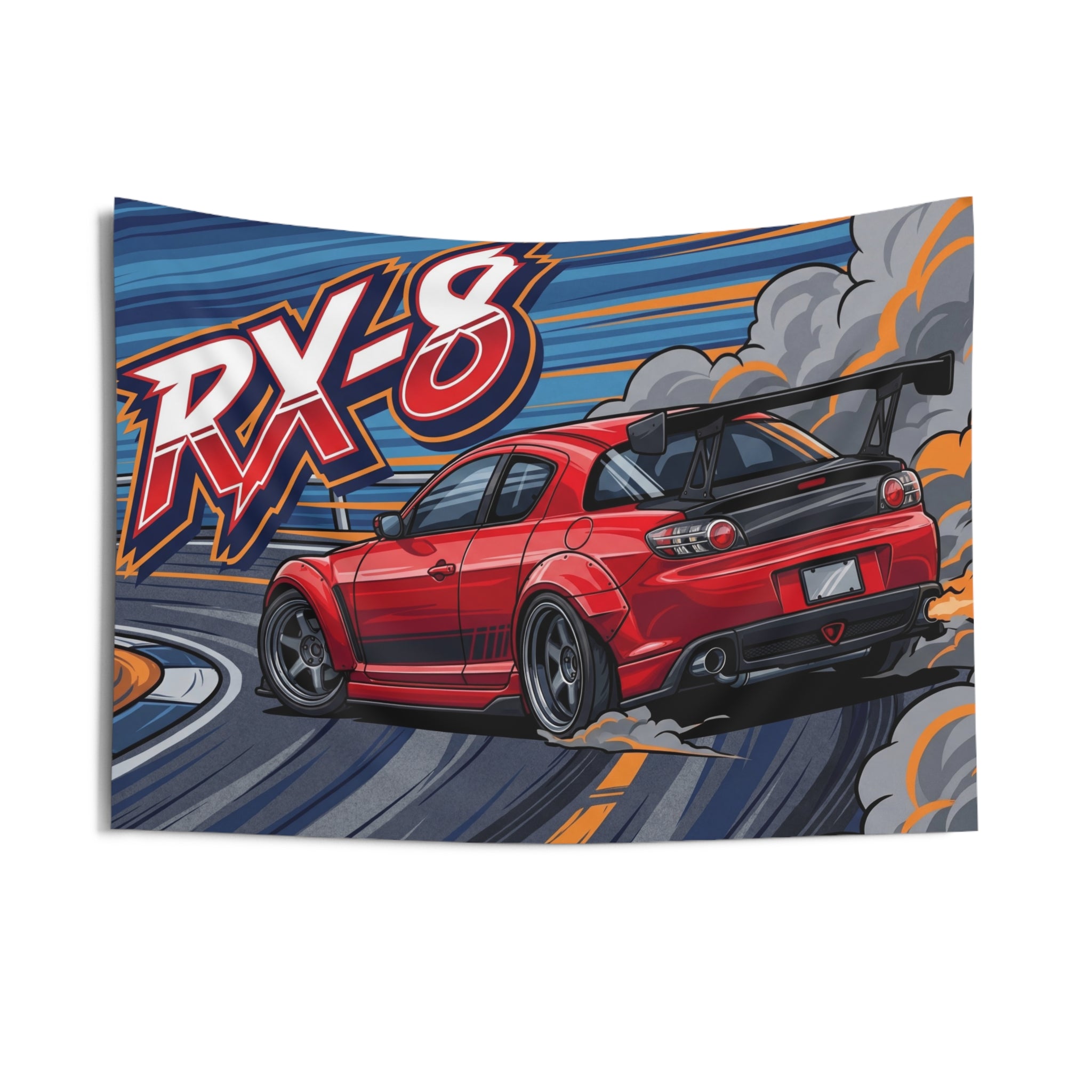 Mazda RX-8 Red GT Wing Dark Wheels Rear Drift Track Bold Graphic Car Wall Art Tapestry