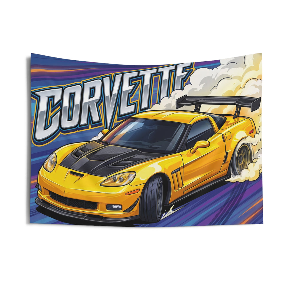 Chevrolet Corvette C6 Z06 Yellow Carbon Bonnet GT Wing Aerial Bold Graphic Car Wall Art Tapestry