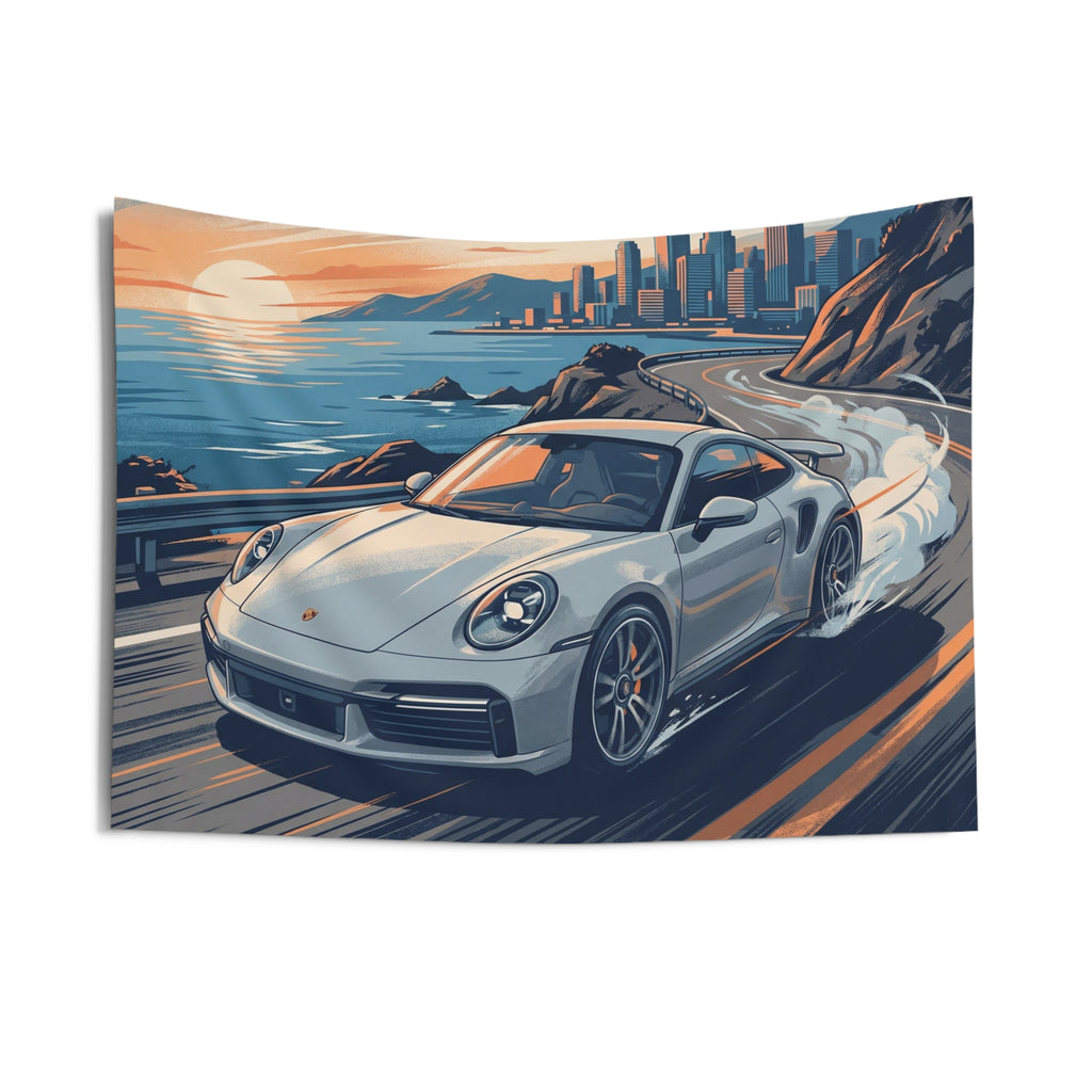 Porsche 911 Car Coastal Road Tapestry Sunset Print Wall Art