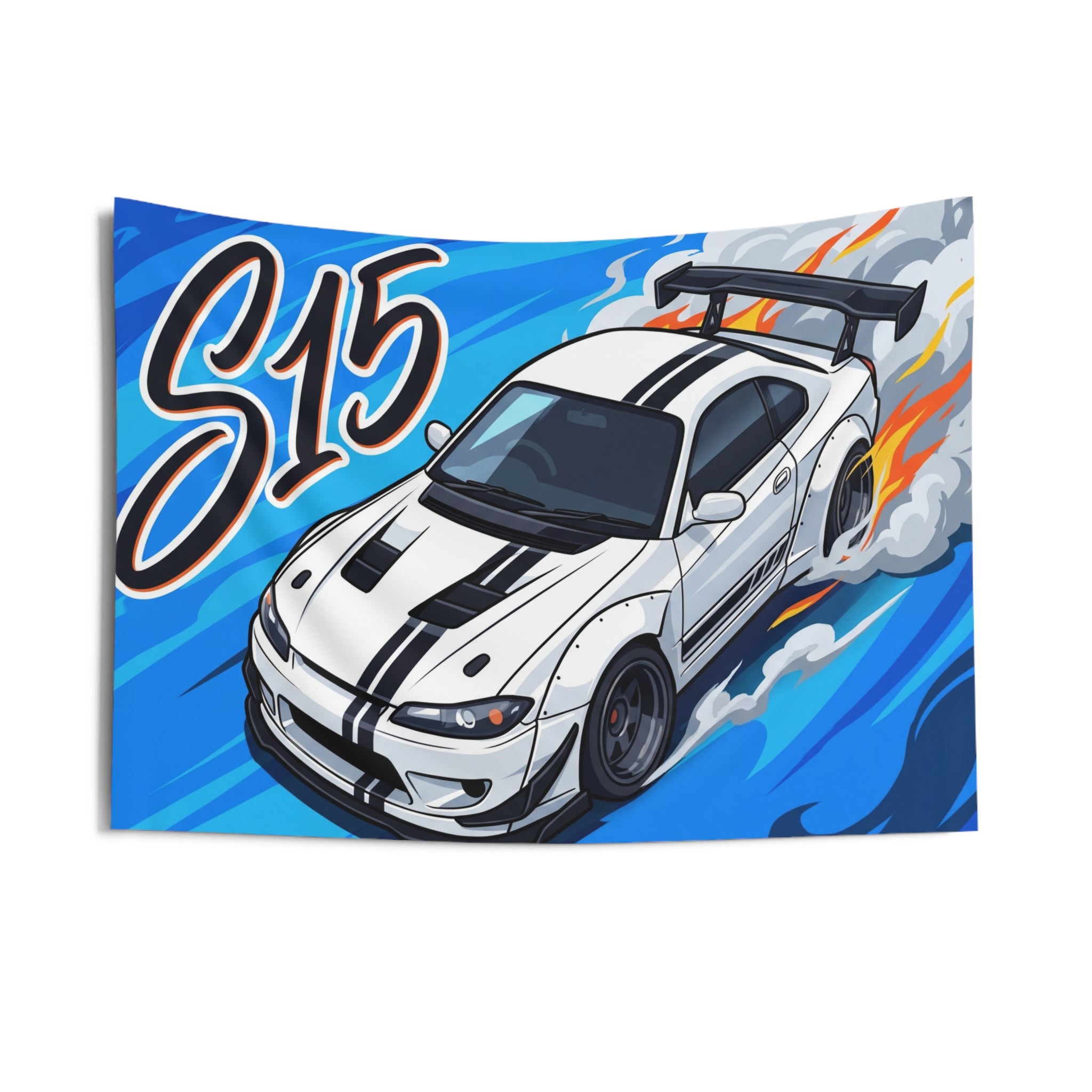 Nissan Silvia S15 White Black Stripe GT Wing Aerial Bold Graphic Car Wall Art Tapestry