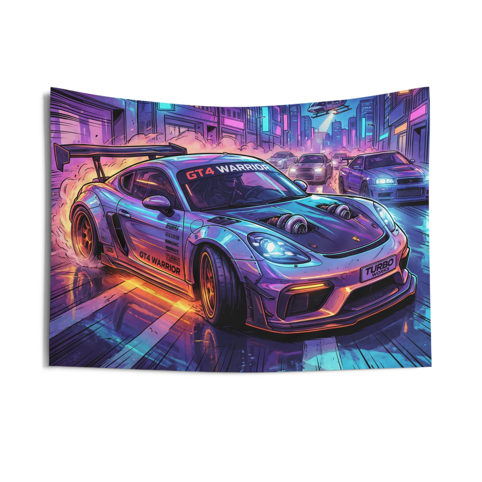 Porsche 718 Cayman GT4 Cyberpunk Neon Car Wall Art Tapestry