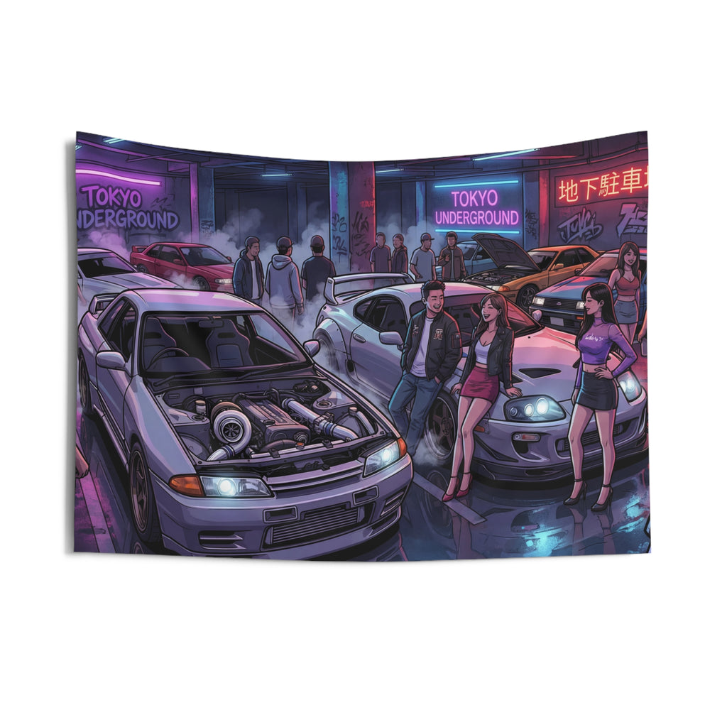 Skyline R32 GT-R Supra MK4 Tokyo Underground Neon JDM Car Wall Art Tapestry