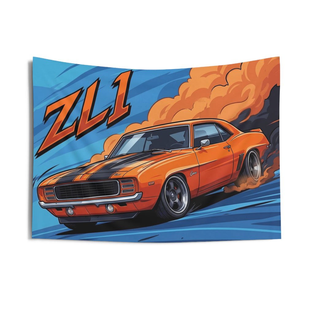 Chevrolet Camaro ZL1 1969 Orange Black Stripe Dark Wheels Front Bold Graphic Car Wall Art Tapestry