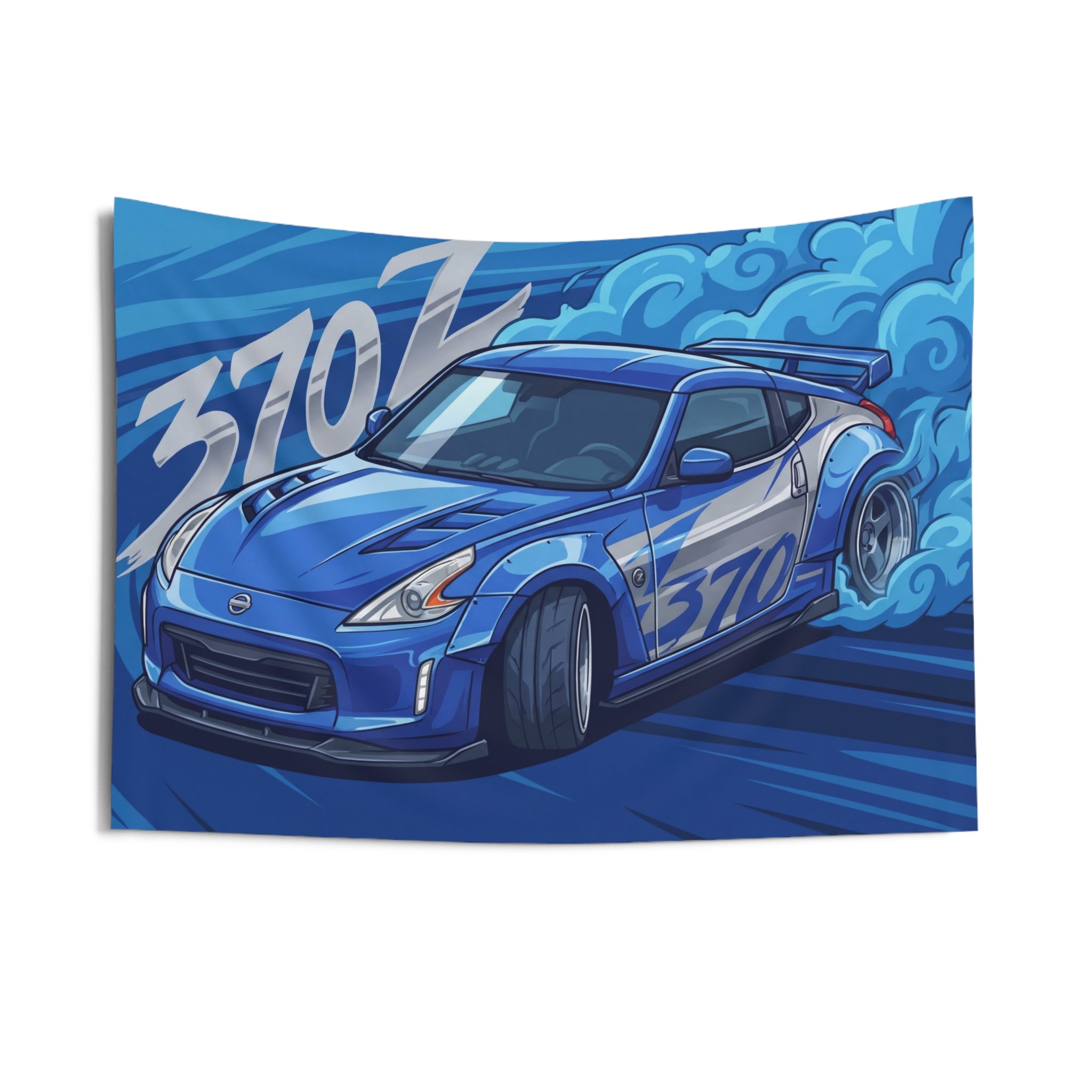Nissan 370Z Z34 Blue Silver Stripe Widebody Aerial Bold Graphic Car Wall Art Tapestry