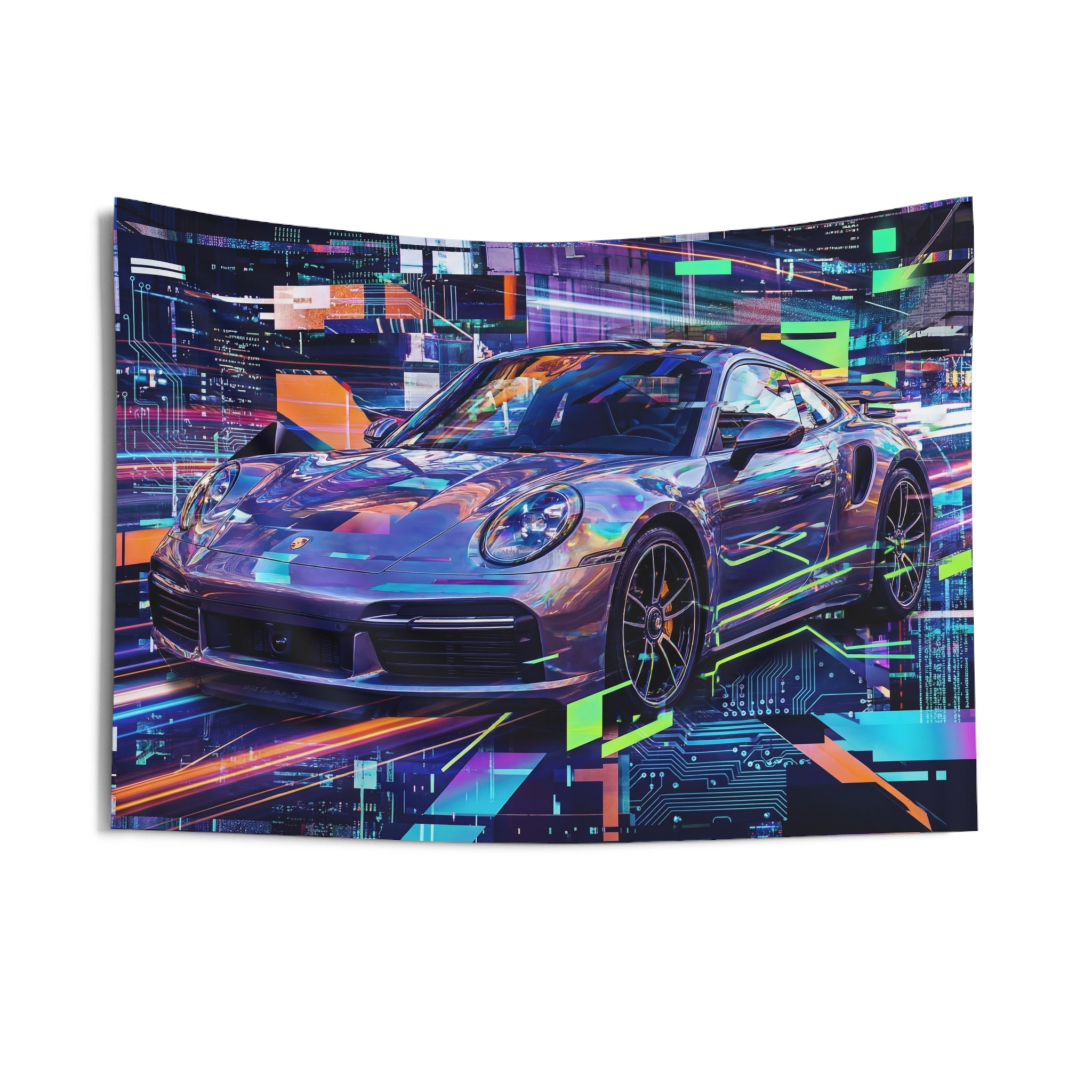 Neon Abstract Porsche 911 Wall Art Car Tapestry