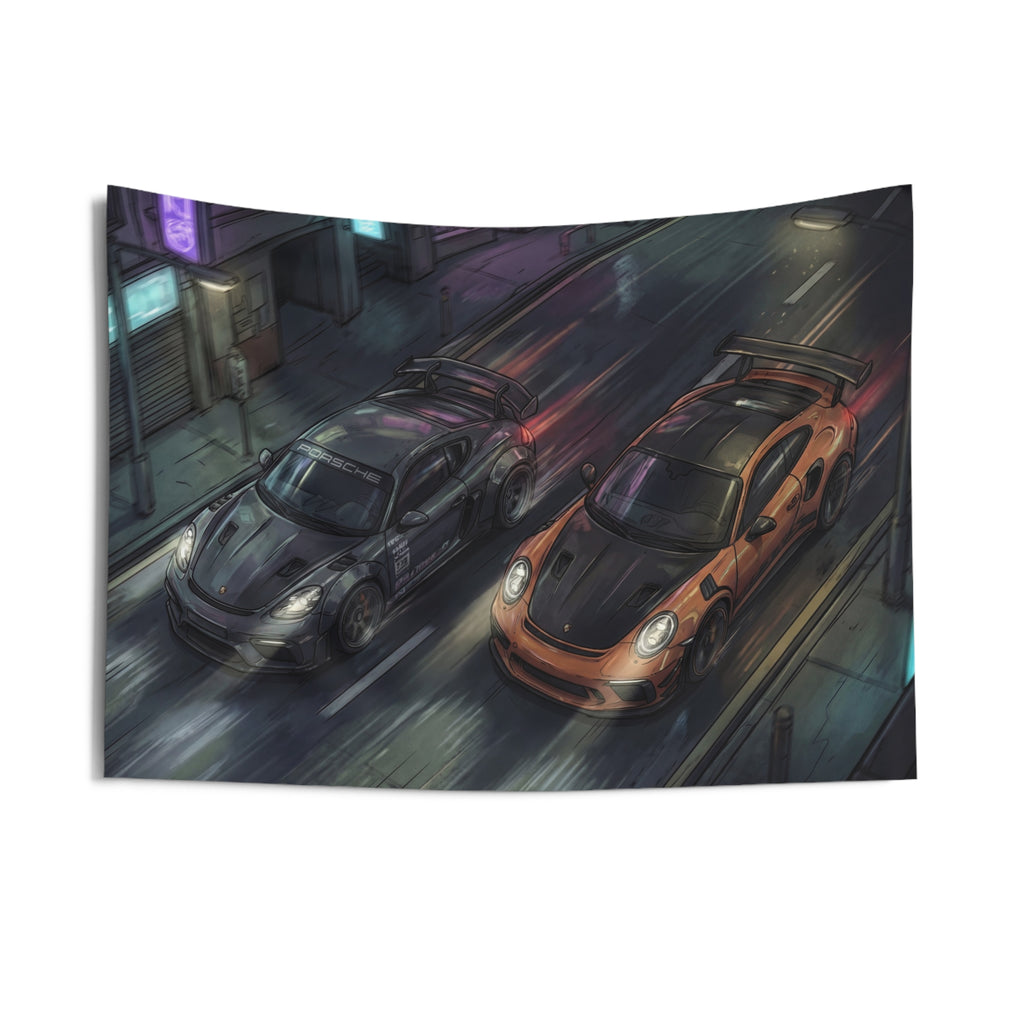 Porsche Cayman GT4 & 911 GT3 RS Night Drive Car Wall Art Tapestry