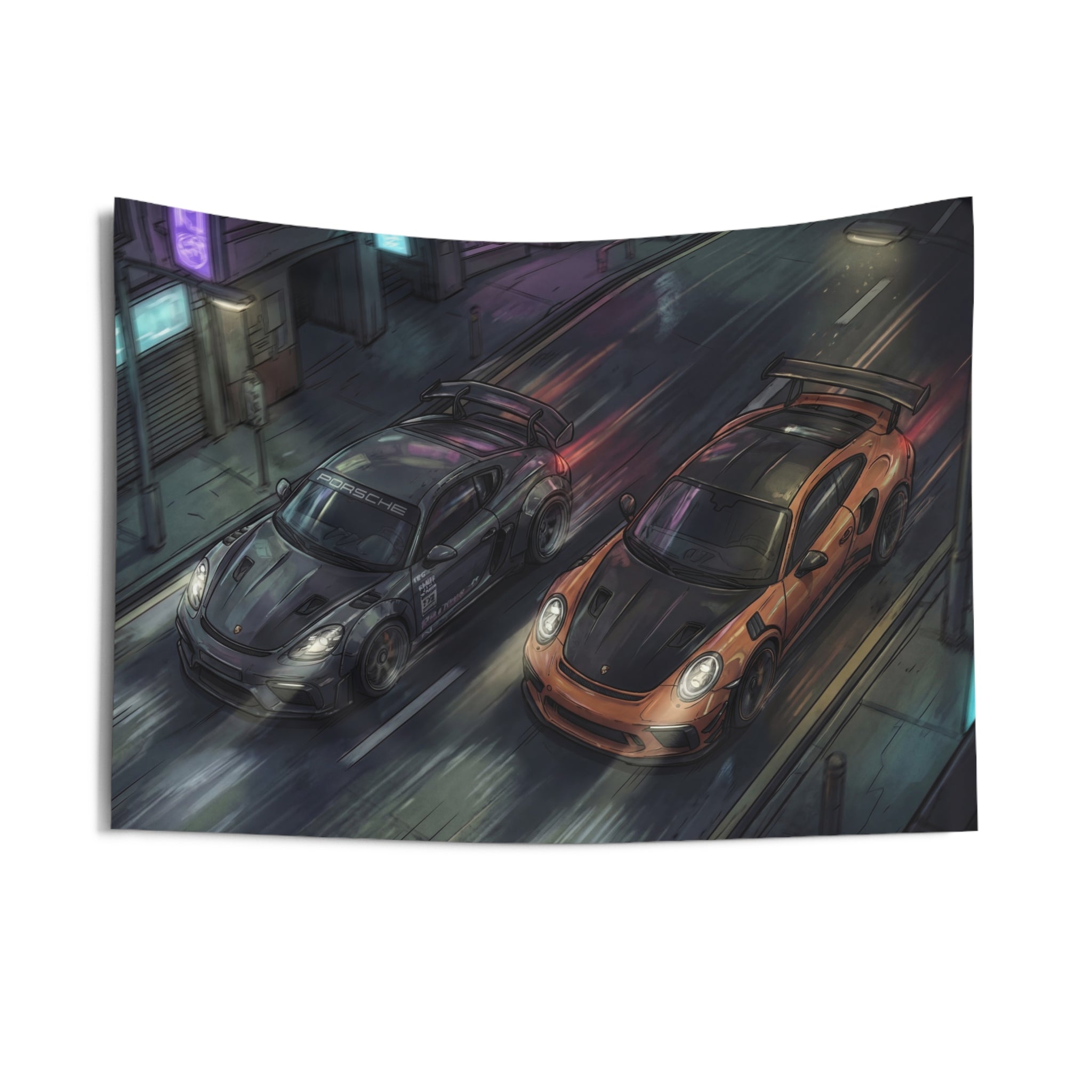 Porsche Cayman GT4 & 911 GT3 RS Night Drive Car Wall Art Tapestry