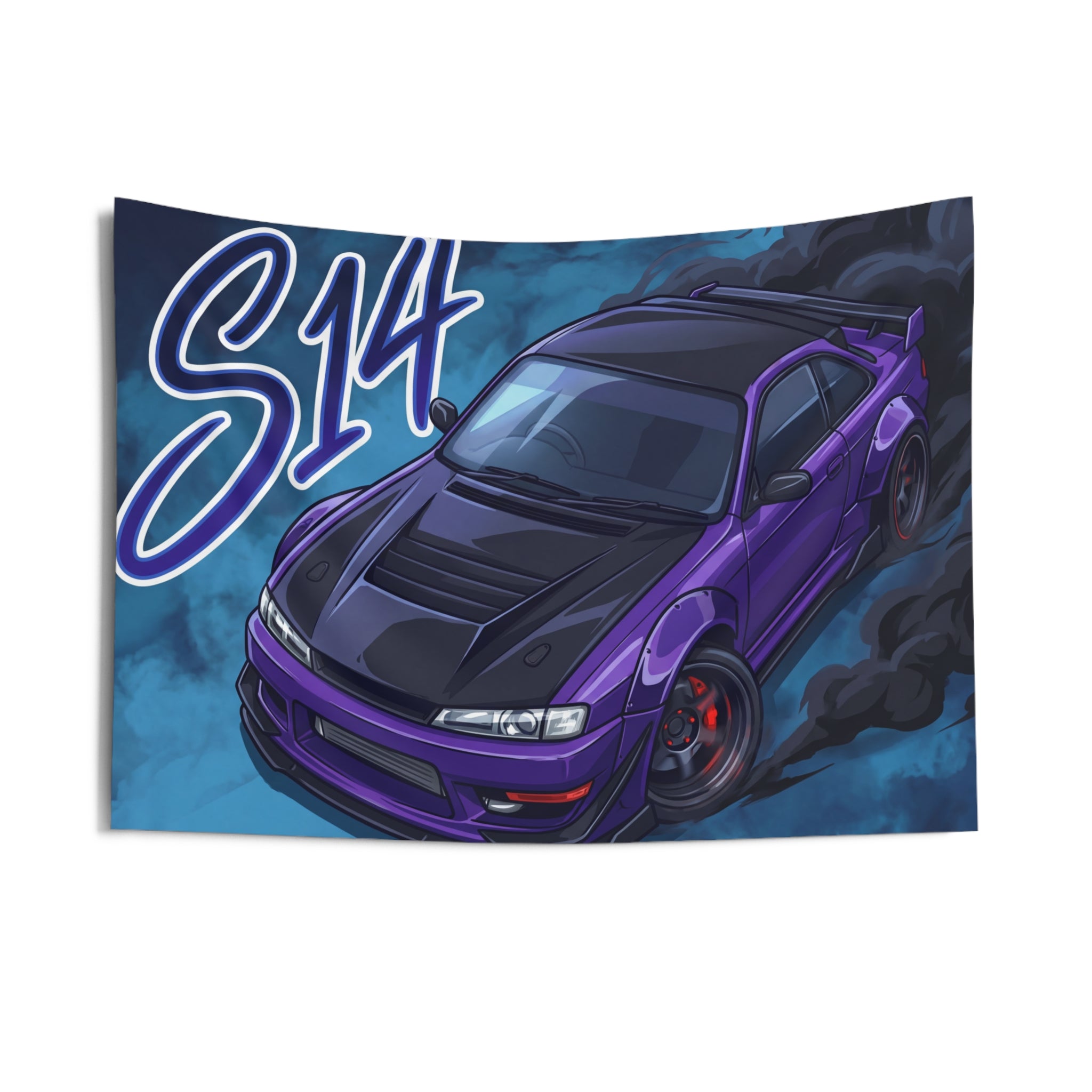 Nissan Silvia S14 Purple Widebody Black Bonnet Aerial Bold Graphic Car Wall Art Tapestry