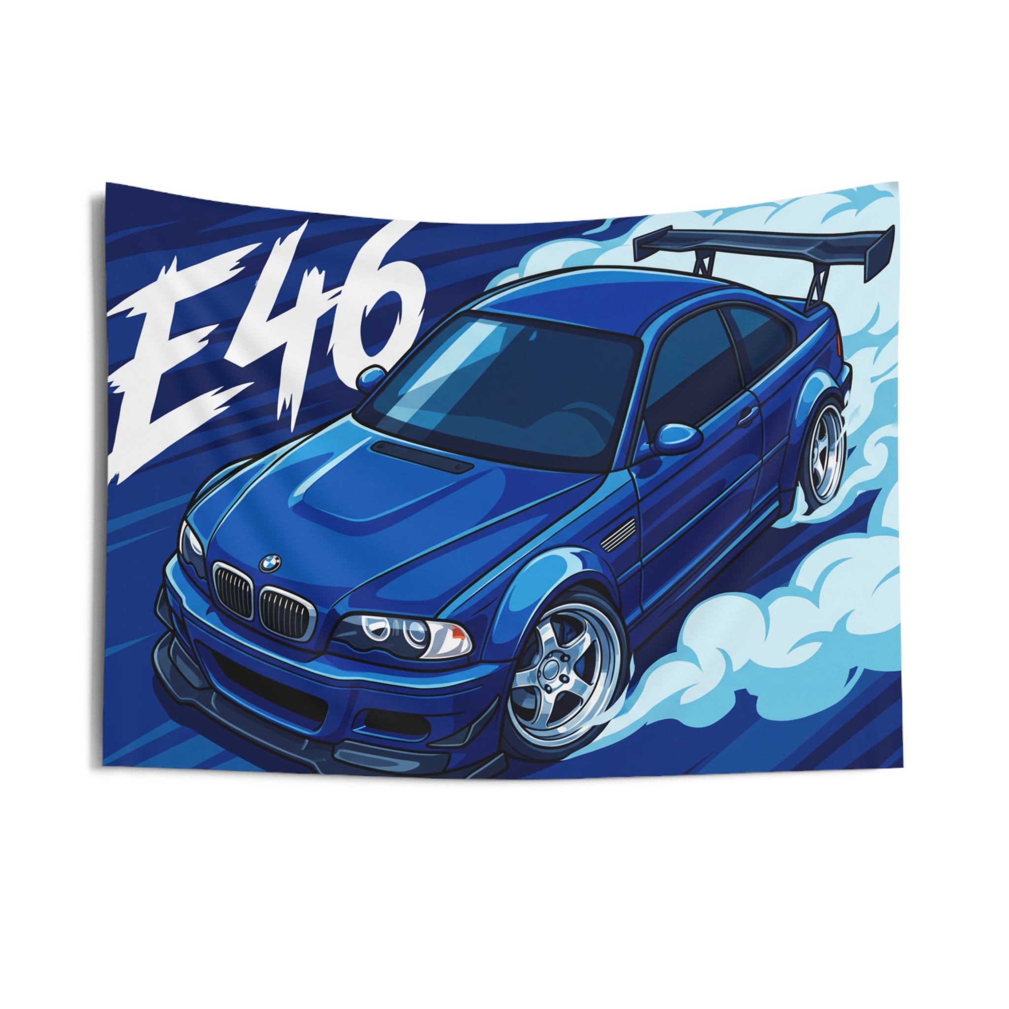 BMW M3 E46 Estoril Blue GT Wing Widebody Aerial Bold Graphic Car Wall Art Tapestry
