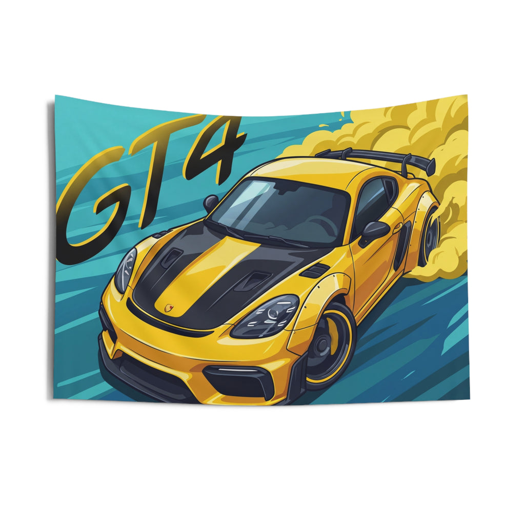 Porsche Cayman GT4 718 Yellow Black Stripe Aerial Bold Graphic Car Wall Art Tapestry