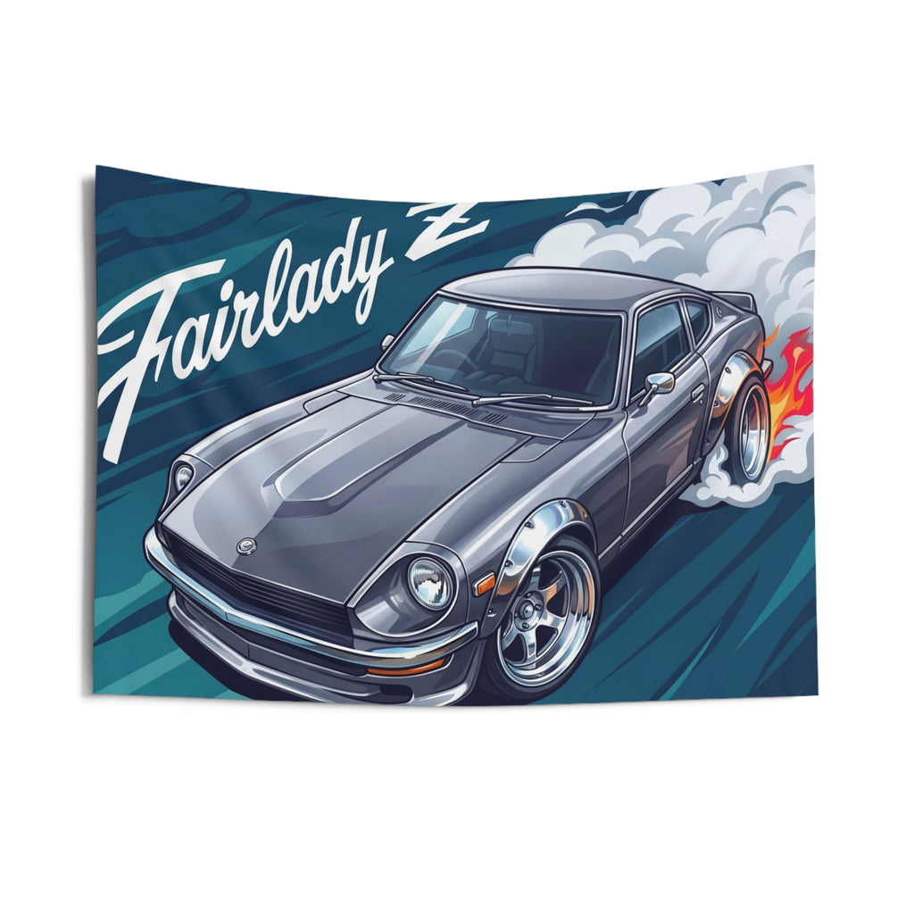Datsun Fairlady Z S30 Grey Chrome Wheels Aerial Bold Graphic Car Wall Art Tapestry