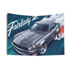 Datsun Fairlady Z S30 Grey Chrome Wheels Aerial Bold Graphic Car Wall Art Tapestry