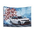 Honda Civic Type R FL5 White Red Trim Dark Wheels Rear Wing Burnout Bold Graphic Car Wall Art Tapestry