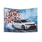 Honda Civic Type R FL5 White Red Trim Dark Wheels Rear Wing Burnout Bold Graphic Car Wall Art Tapestry