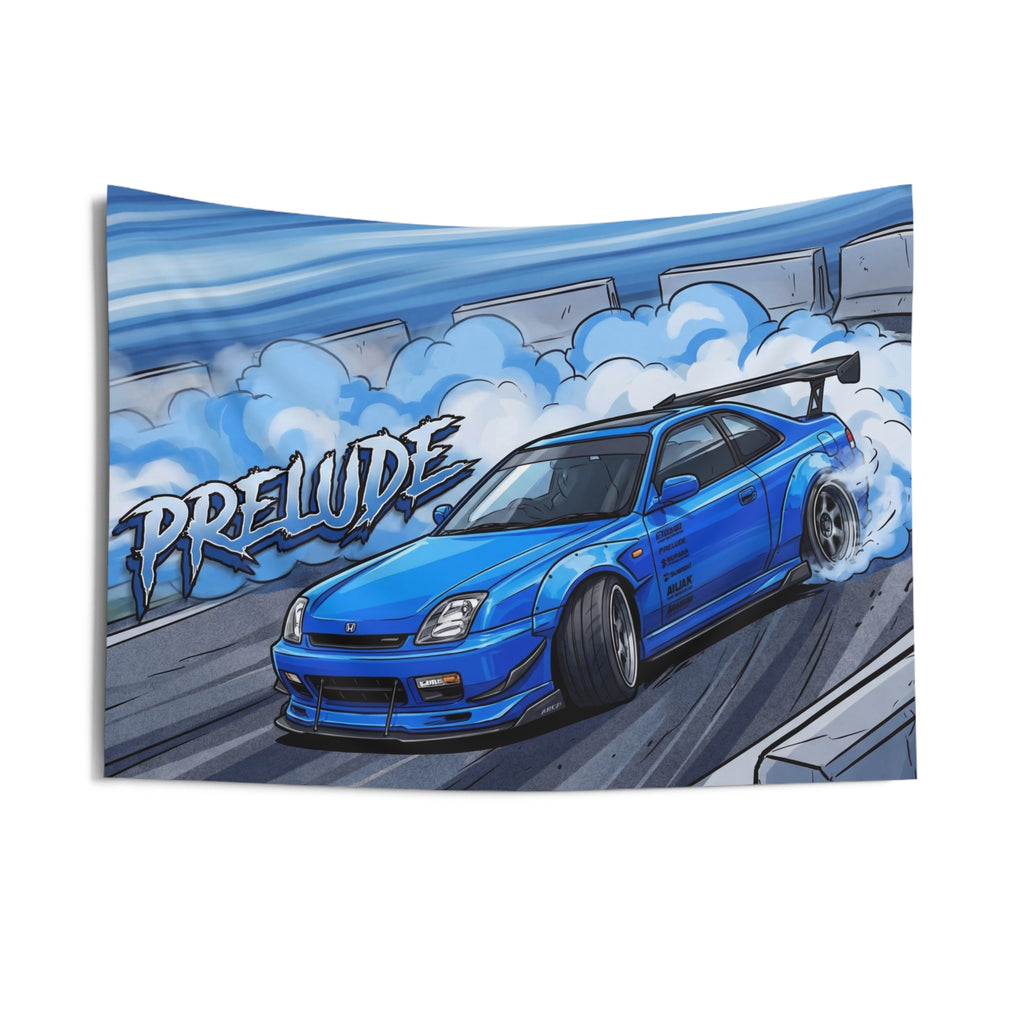 Honda Prelude BB6 Blue Sponsor Decals GT Wing Dark Wheels Track Burnout Bold Graphic Car Wall Art Tapestry
