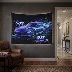 Porsche 911 Turbo S Neon Wall Tapestry Retro Cyberpunk Car Art
