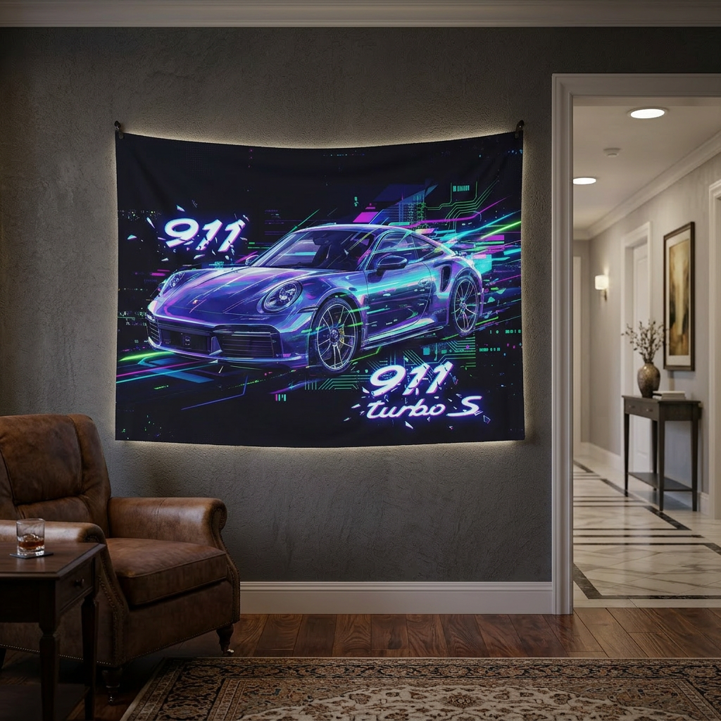 Porsche 911 Turbo S Neon Wall Tapestry Retro Cyberpunk Car Art