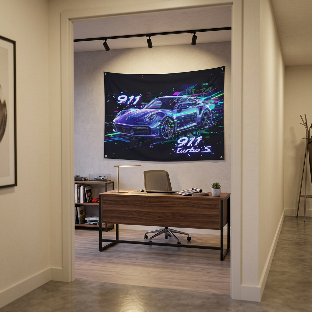 Porsche 911 Turbo S Neon Wall Tapestry Retro Cyberpunk Car Art