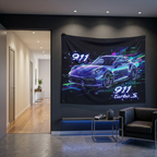 Porsche 911 Turbo S Neon Wall Tapestry Retro Cyberpunk Car Art