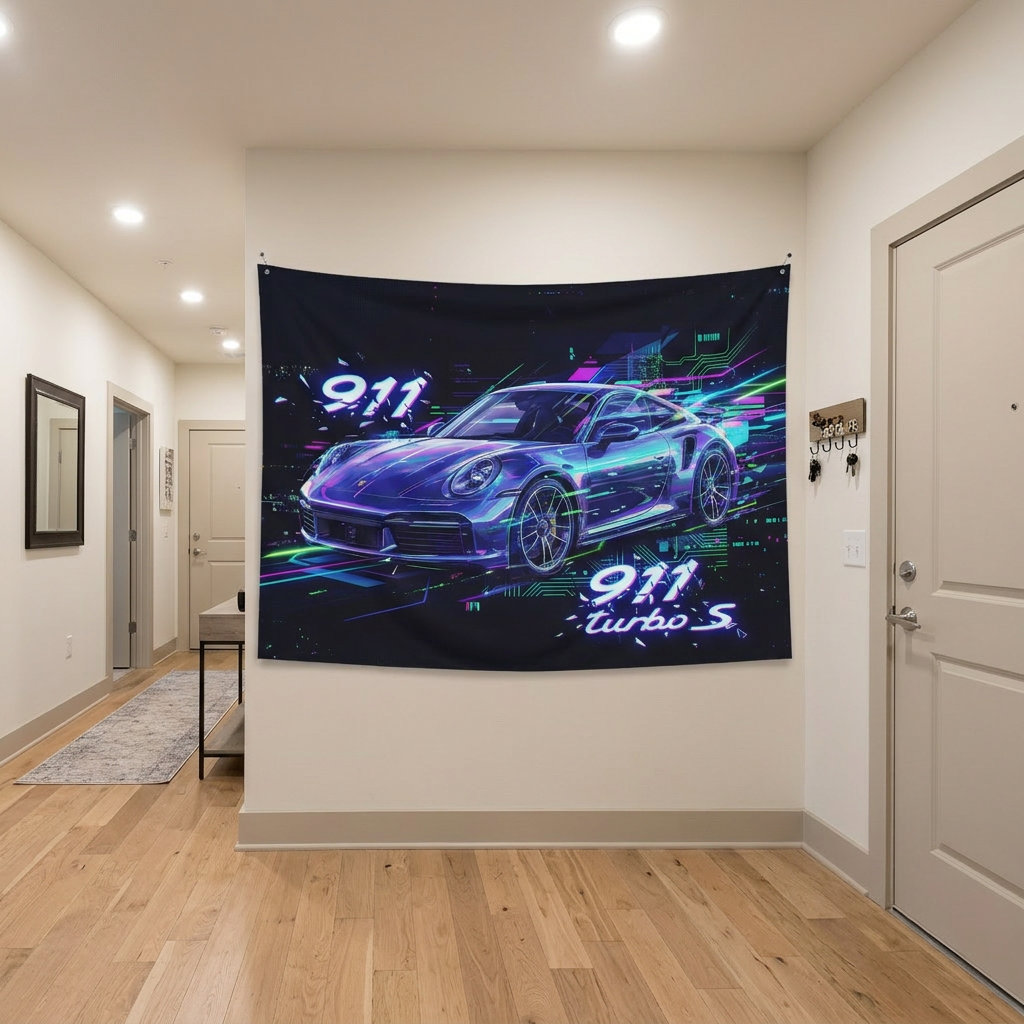 Porsche 911 Turbo S Neon Wall Tapestry Retro Cyberpunk Car Art