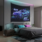 Porsche 911 Turbo S Neon Wall Tapestry Retro Cyberpunk Car Art