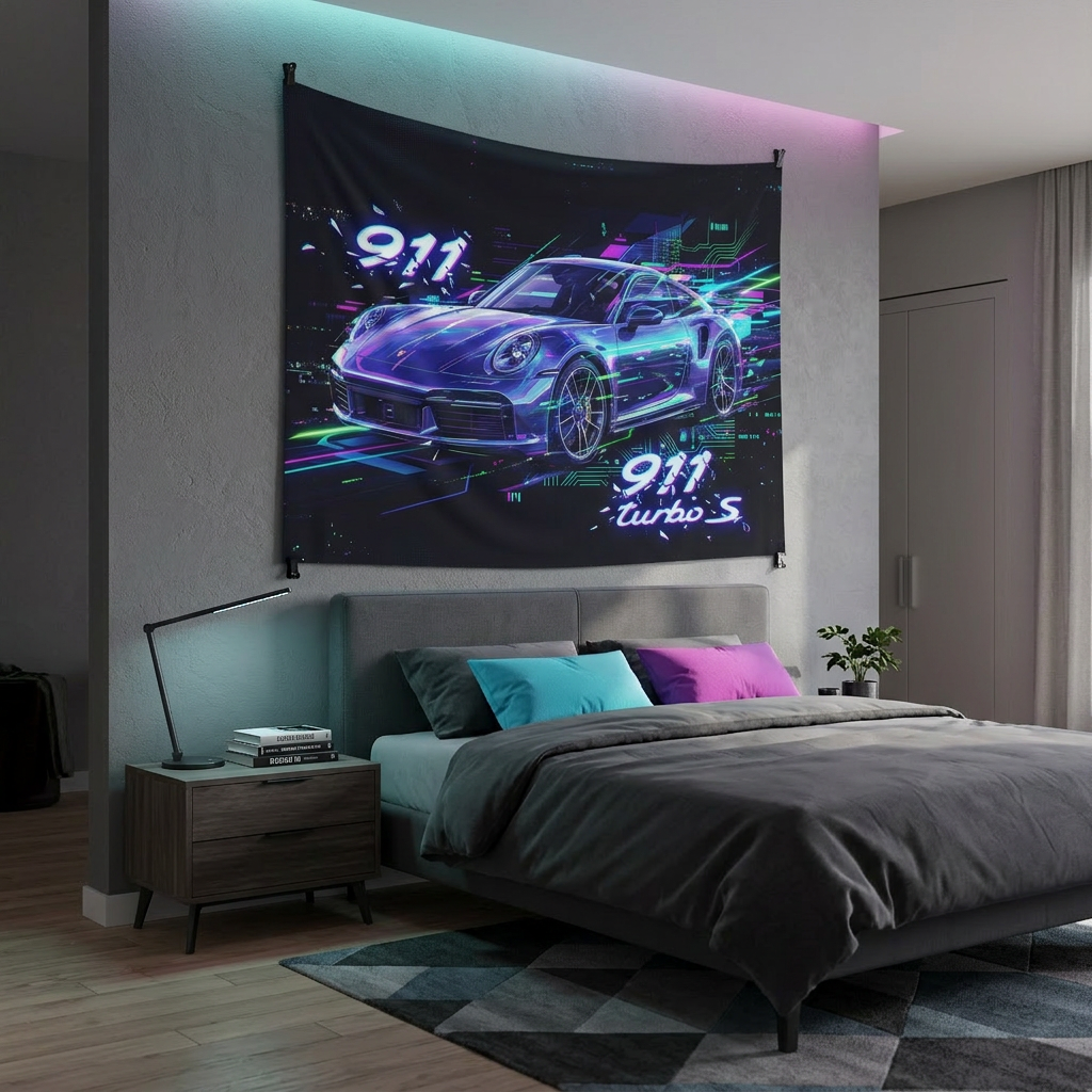 Porsche 911 Turbo S Neon Wall Tapestry Retro Cyberpunk Car Art