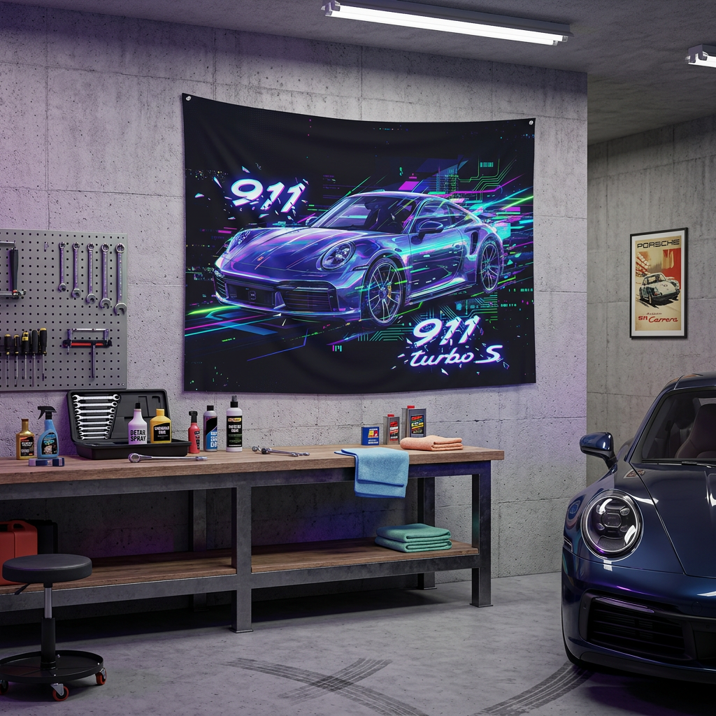 Porsche 911 Turbo S Neon Wall Tapestry Retro Cyberpunk Car Art