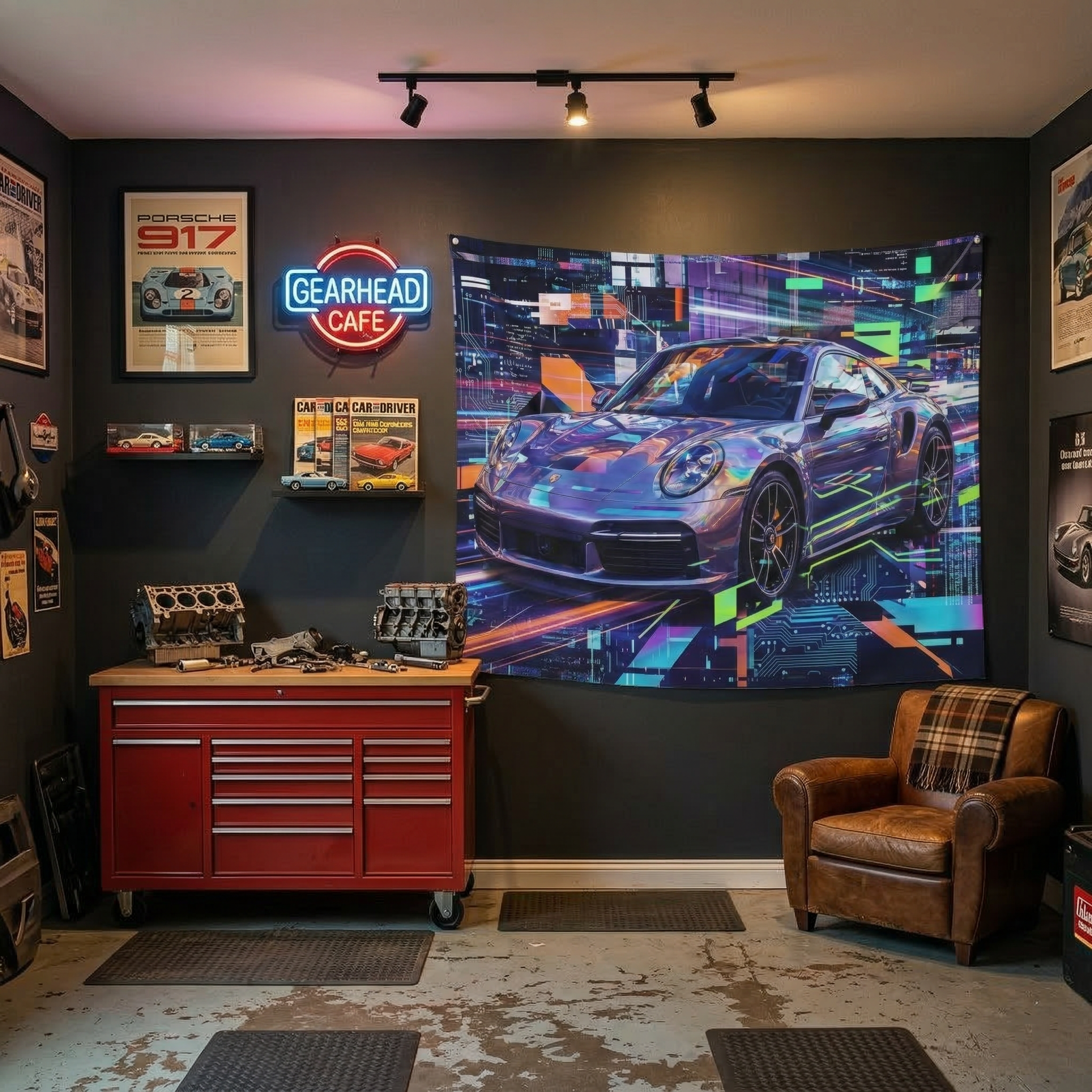 Neon Abstract Porsche 911 Wall Art Car Tapestry