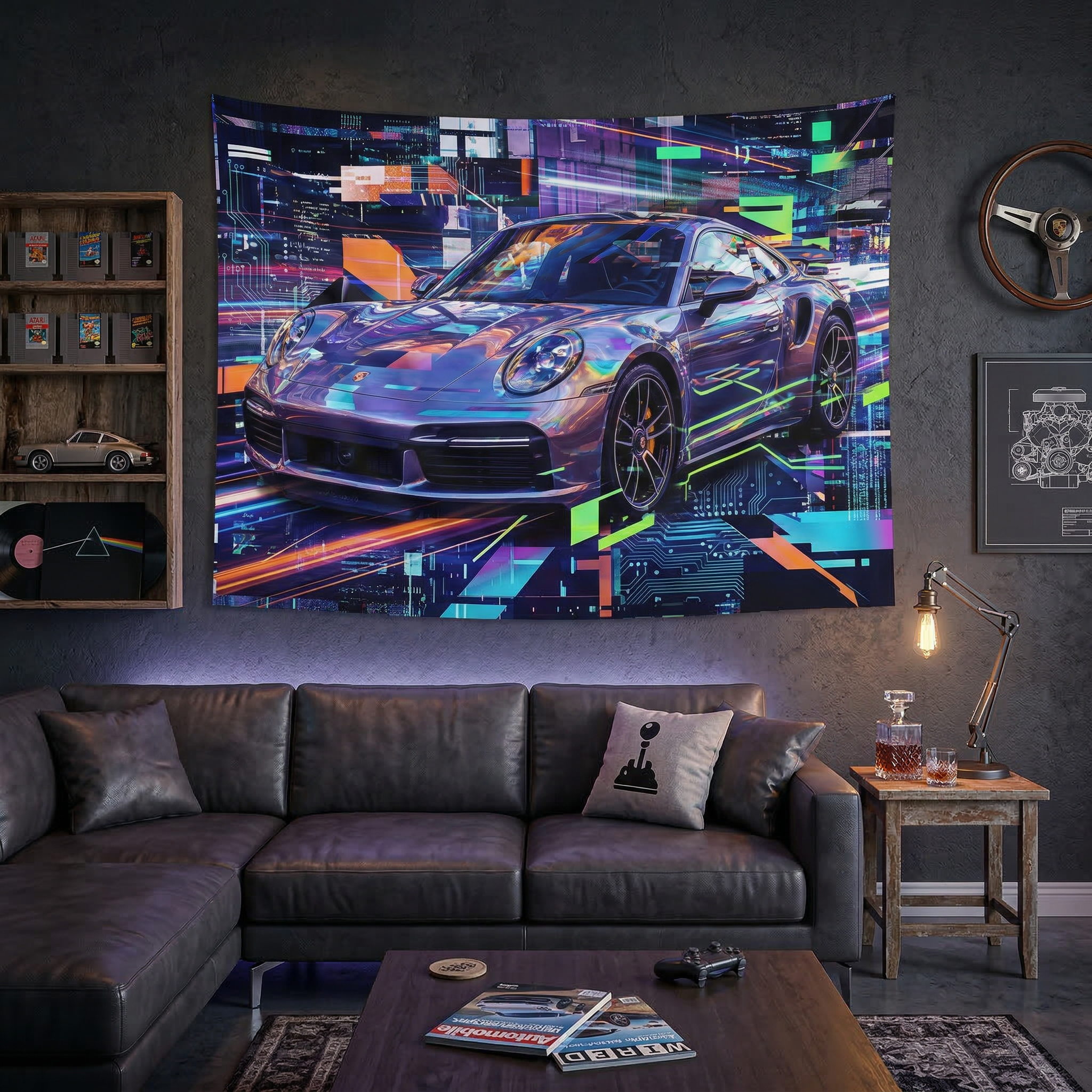 Neon Abstract Porsche 911 Wall Art Car Tapestry