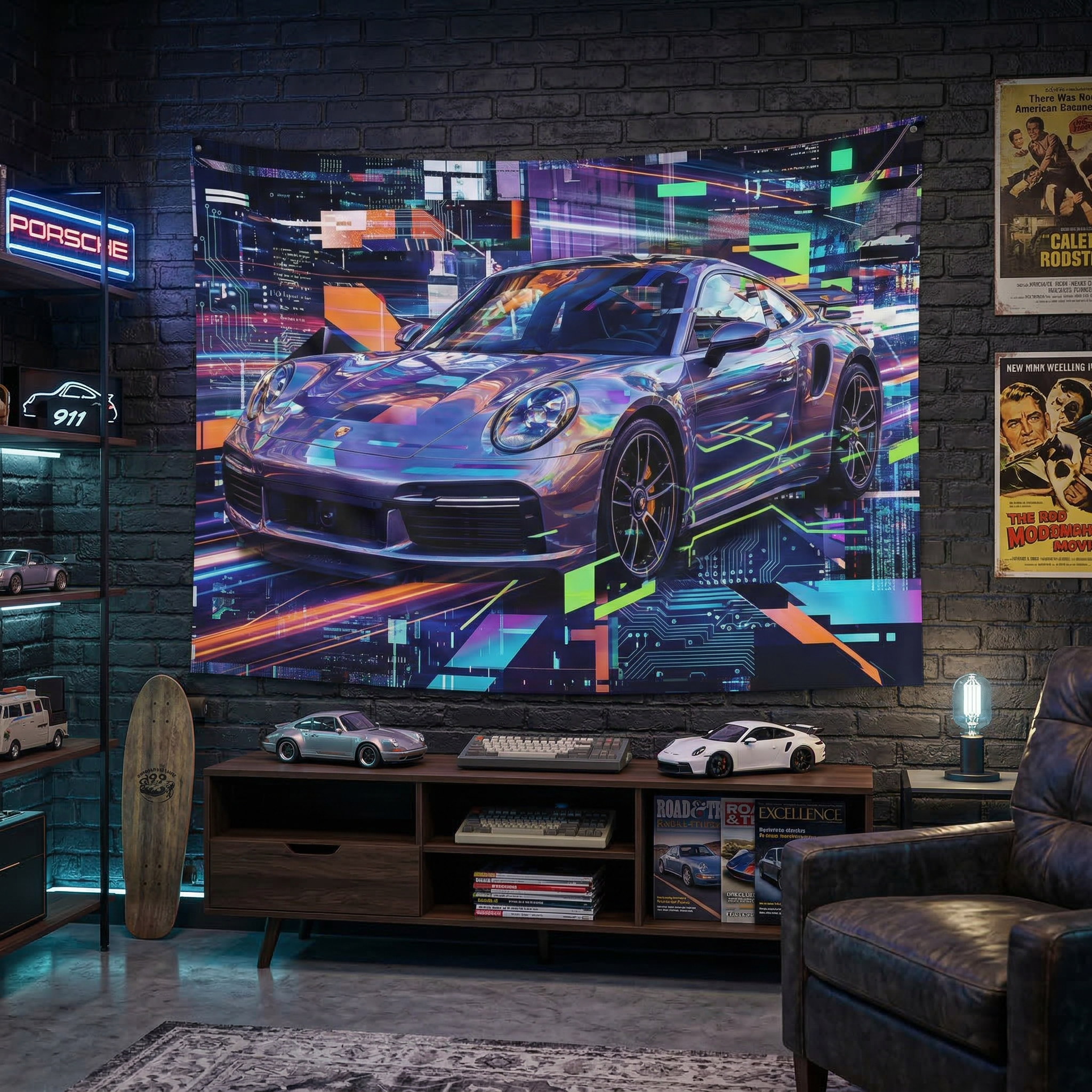 Neon Abstract Porsche 911 Wall Art Car Tapestry