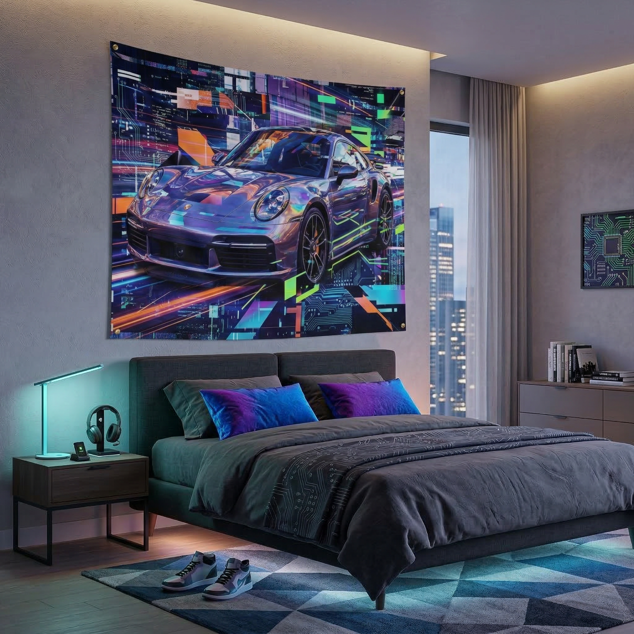 Neon Abstract Porsche 911 Wall Art Car Tapestry