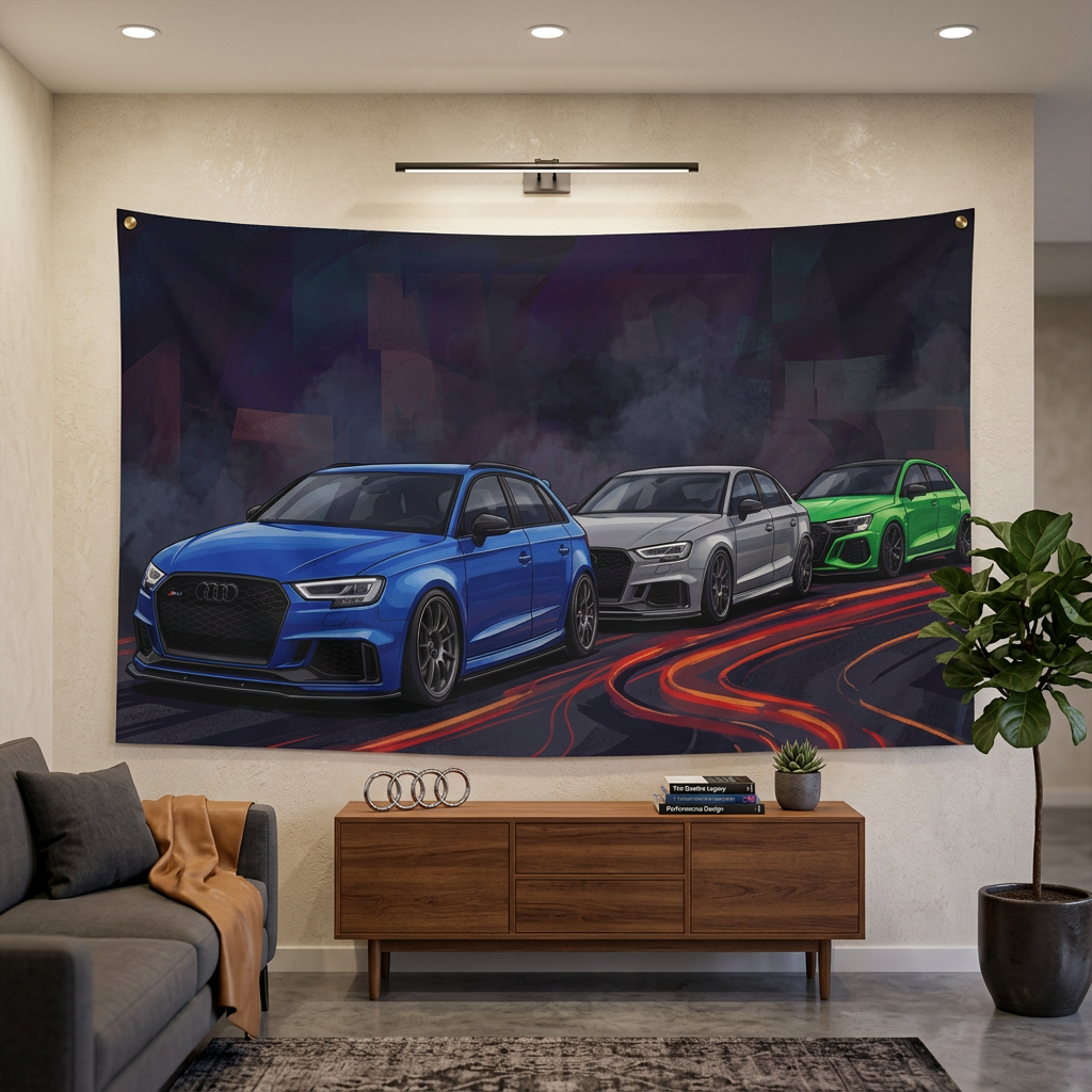 Audi RS 3 Trio Neon Light Trail Night Scene Car Wall Art Tapestry