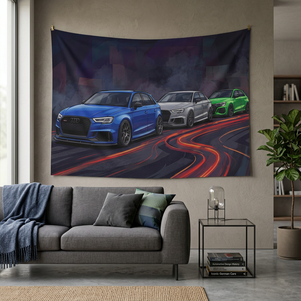 Audi RS 3 Trio Neon Light Trail Night Scene Car Wall Art Tapestry