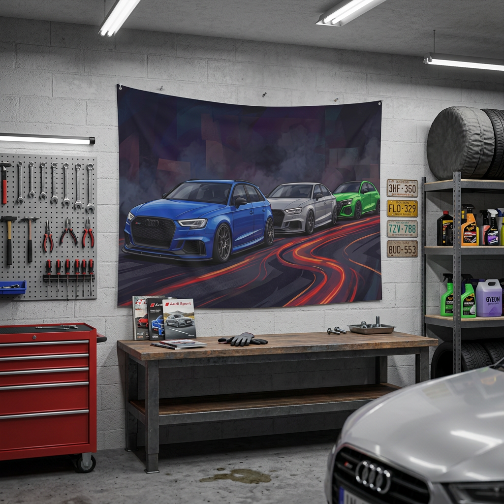 Audi RS 3 Trio Neon Light Trail Night Scene Car Wall Art Tapestry