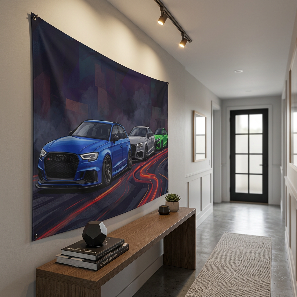 Audi RS 3 Trio Neon Light Trail Night Scene Car Wall Art Tapestry