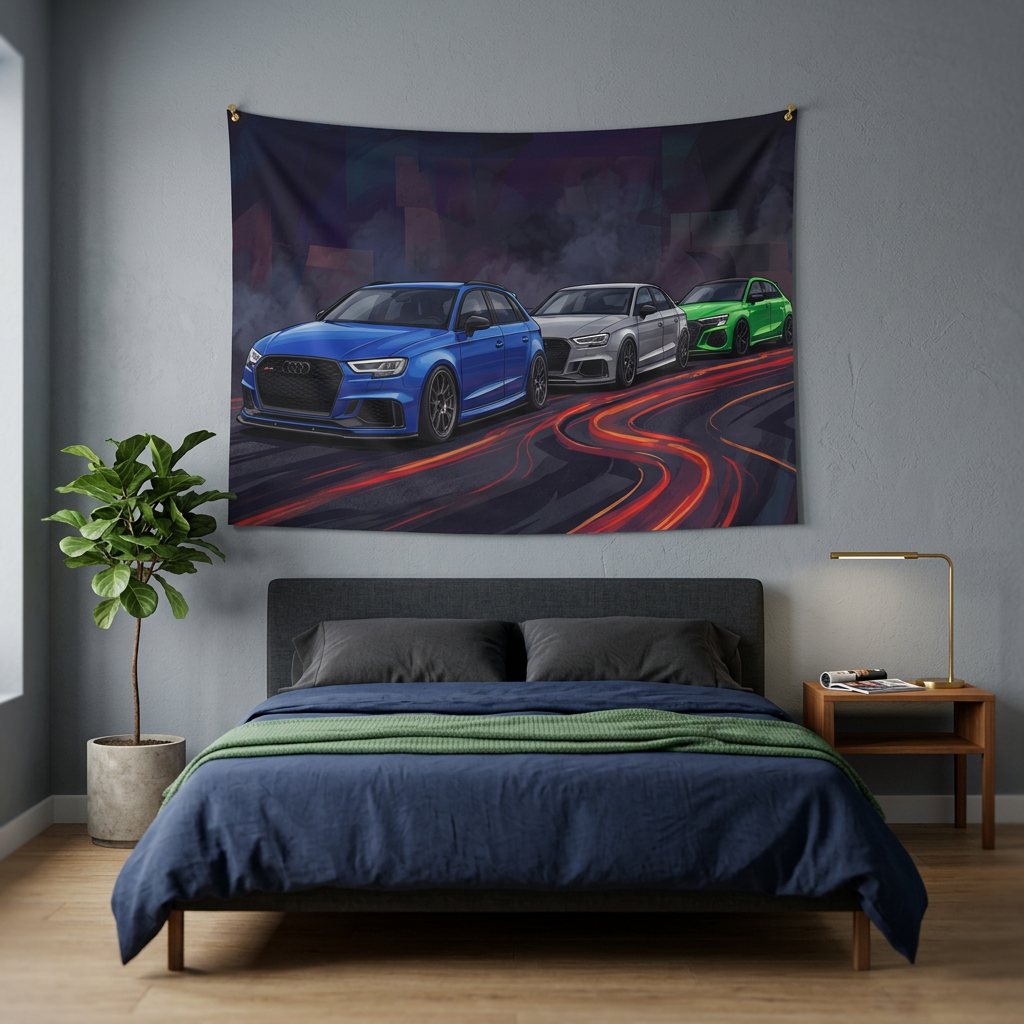 Audi RS 3 Trio Neon Light Trail Night Scene Car Wall Art Tapestry