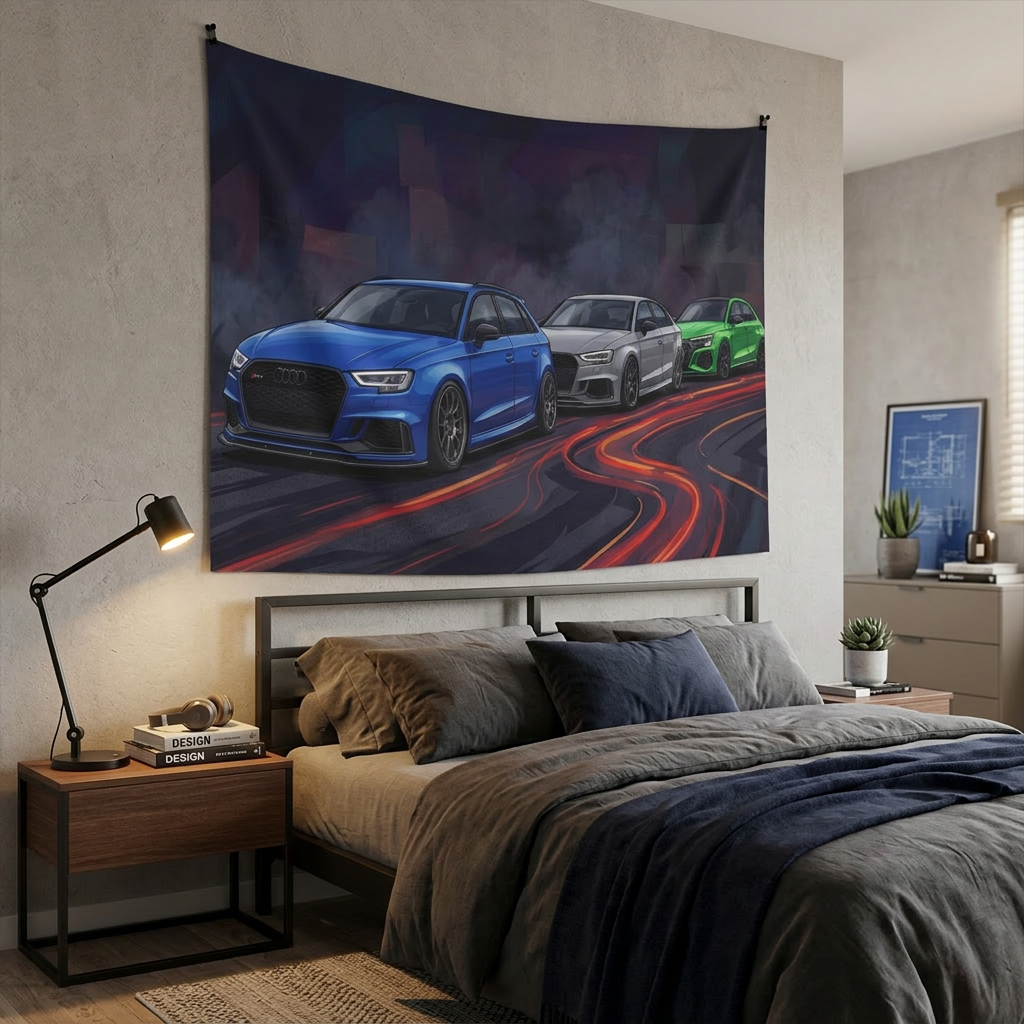 Audi RS 3 Trio Neon Light Trail Night Scene Car Wall Art Tapestry