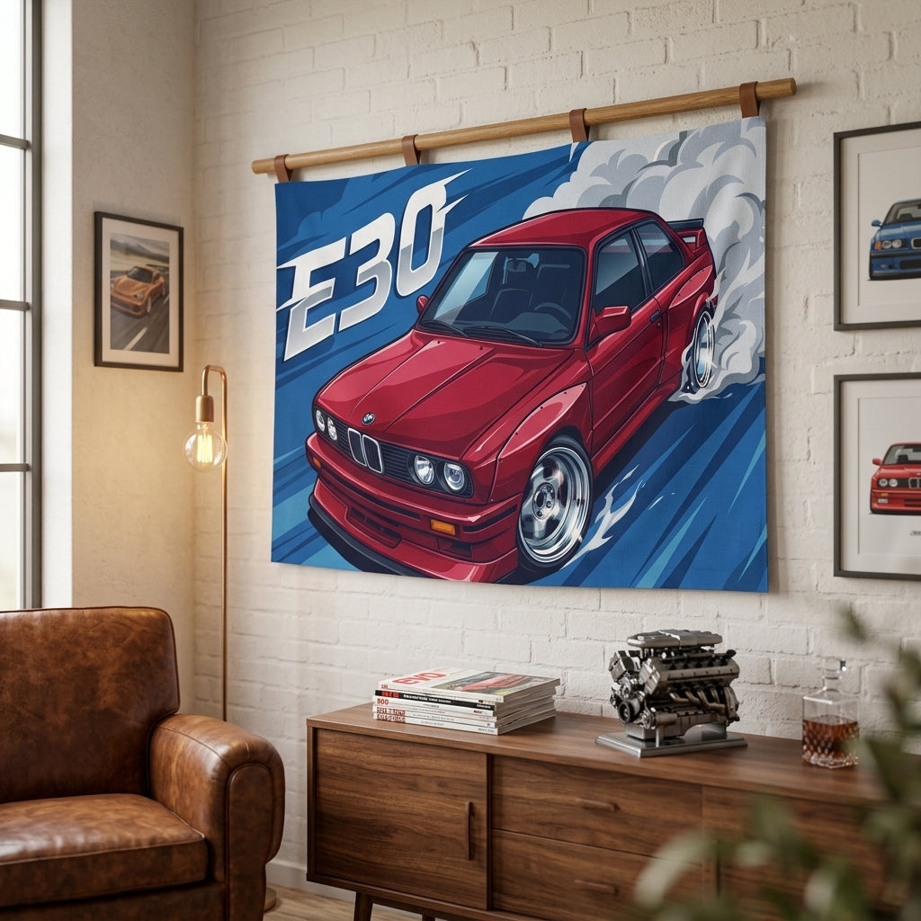 BMW 3 Series E30 Crimson Red Chrome Dish Wheels Aerial Bold Graphic Car Wall Art Tapestry