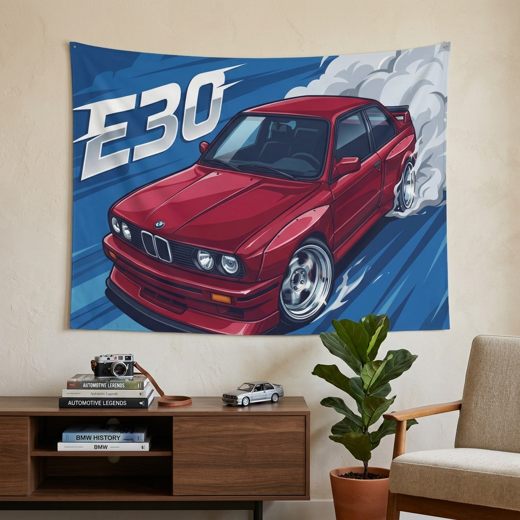 BMW 3 Series E30 Crimson Red Chrome Dish Wheels Aerial Bold Graphic Car Wall Art Tapestry