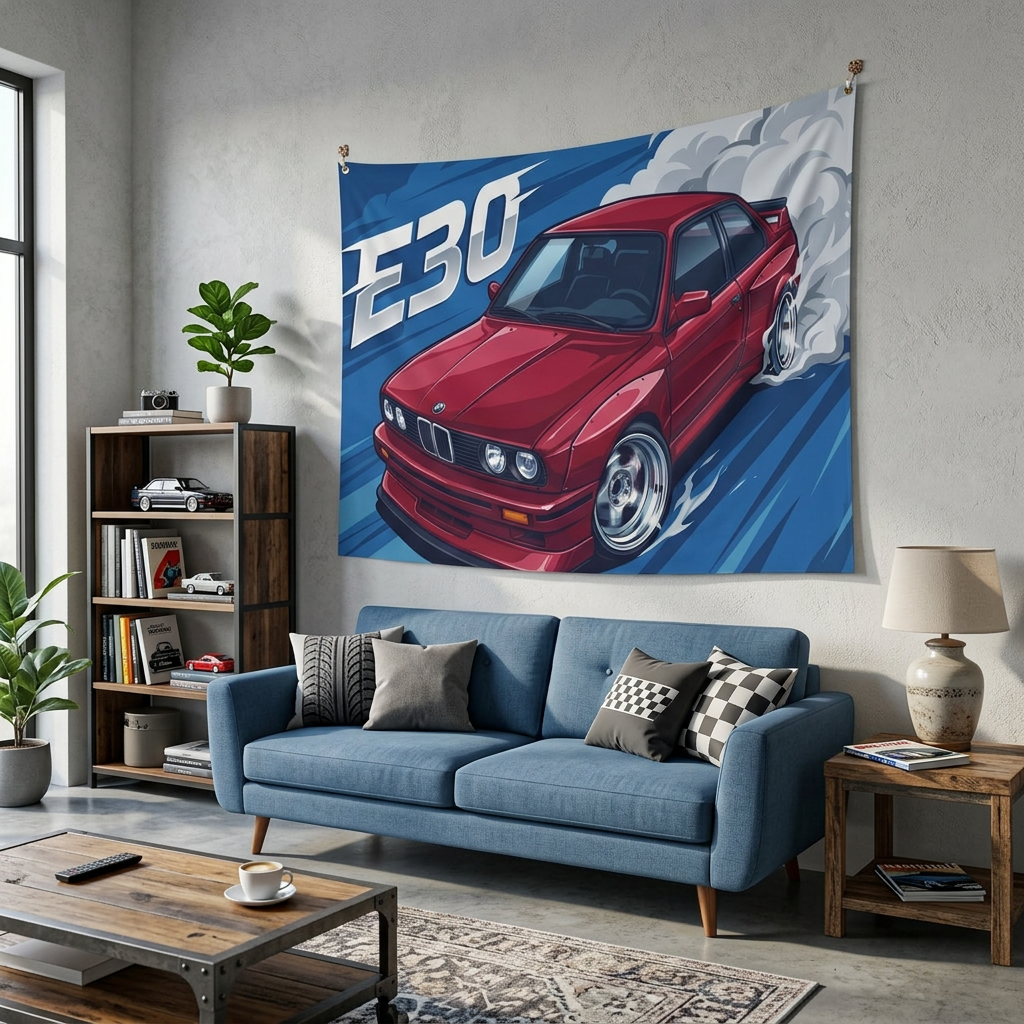 BMW 3 Series E30 Crimson Red Chrome Dish Wheels Aerial Bold Graphic Car Wall Art Tapestry