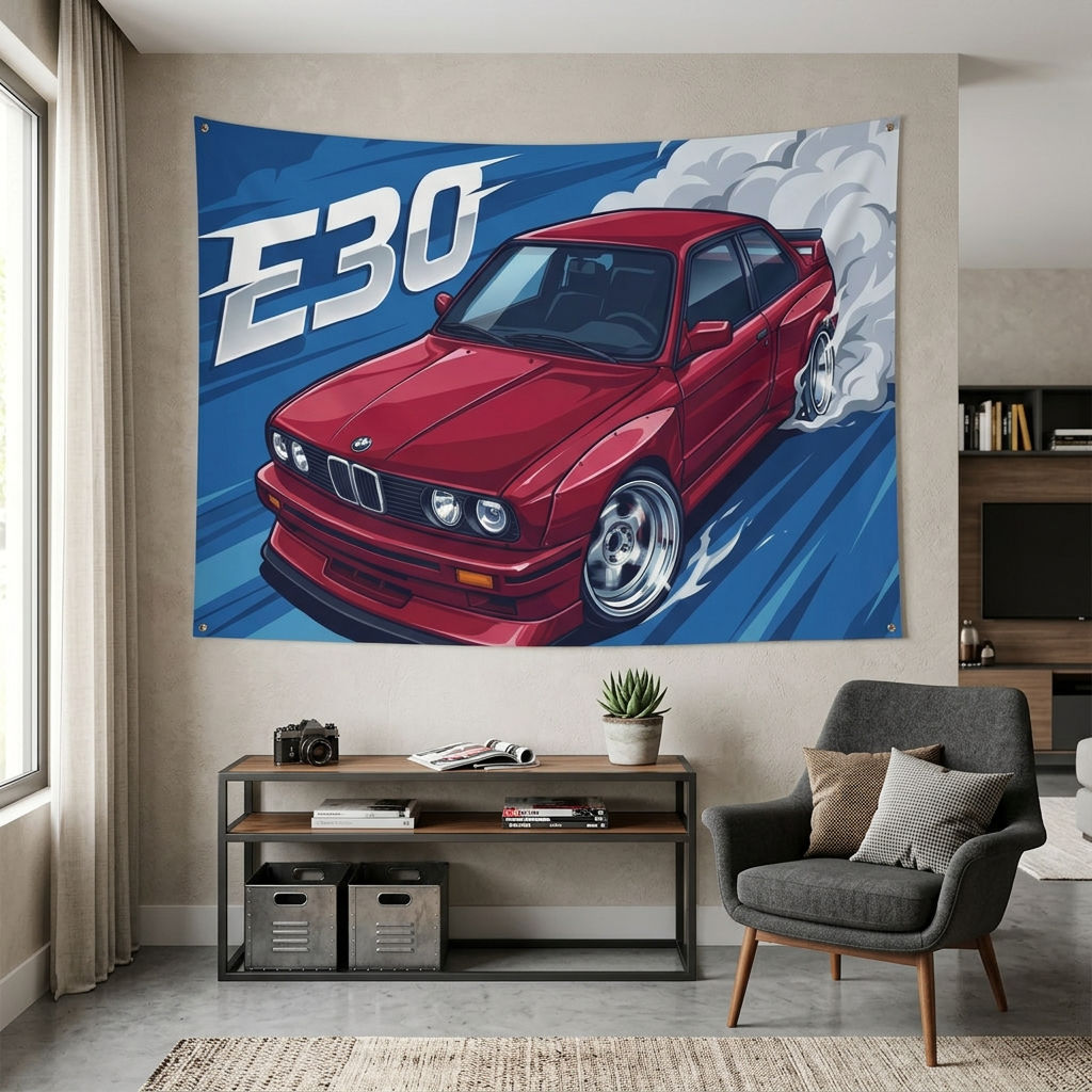 BMW 3 Series E30 Crimson Red Chrome Dish Wheels Aerial Bold Graphic Car Wall Art Tapestry