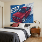 BMW 3 Series E30 Crimson Red Chrome Dish Wheels Aerial Bold Graphic Car Wall Art Tapestry
