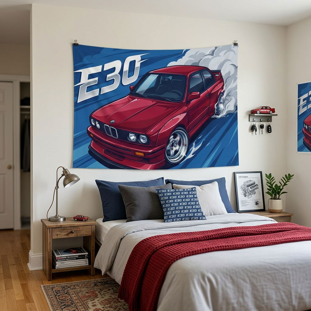 BMW 3 Series E30 Crimson Red Chrome Dish Wheels Aerial Bold Graphic Car Wall Art Tapestry