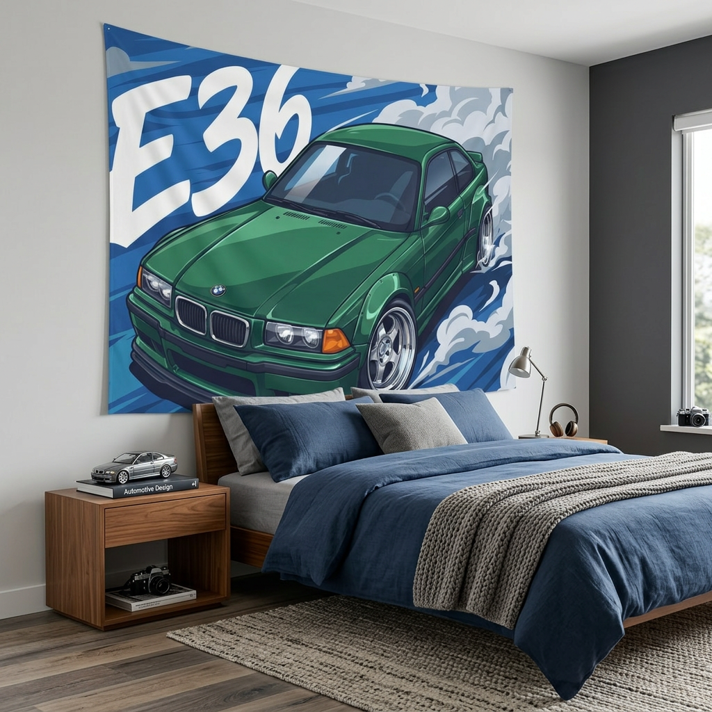 BMW 3 Series E36 British Racing Green M-Sport Aerial Bold Graphic Car Wall Art Tapestry