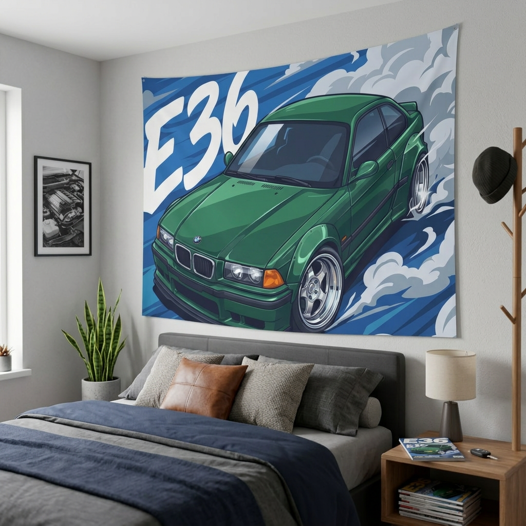 BMW 3 Series E36 British Racing Green M-Sport Aerial Bold Graphic Car Wall Art Tapestry