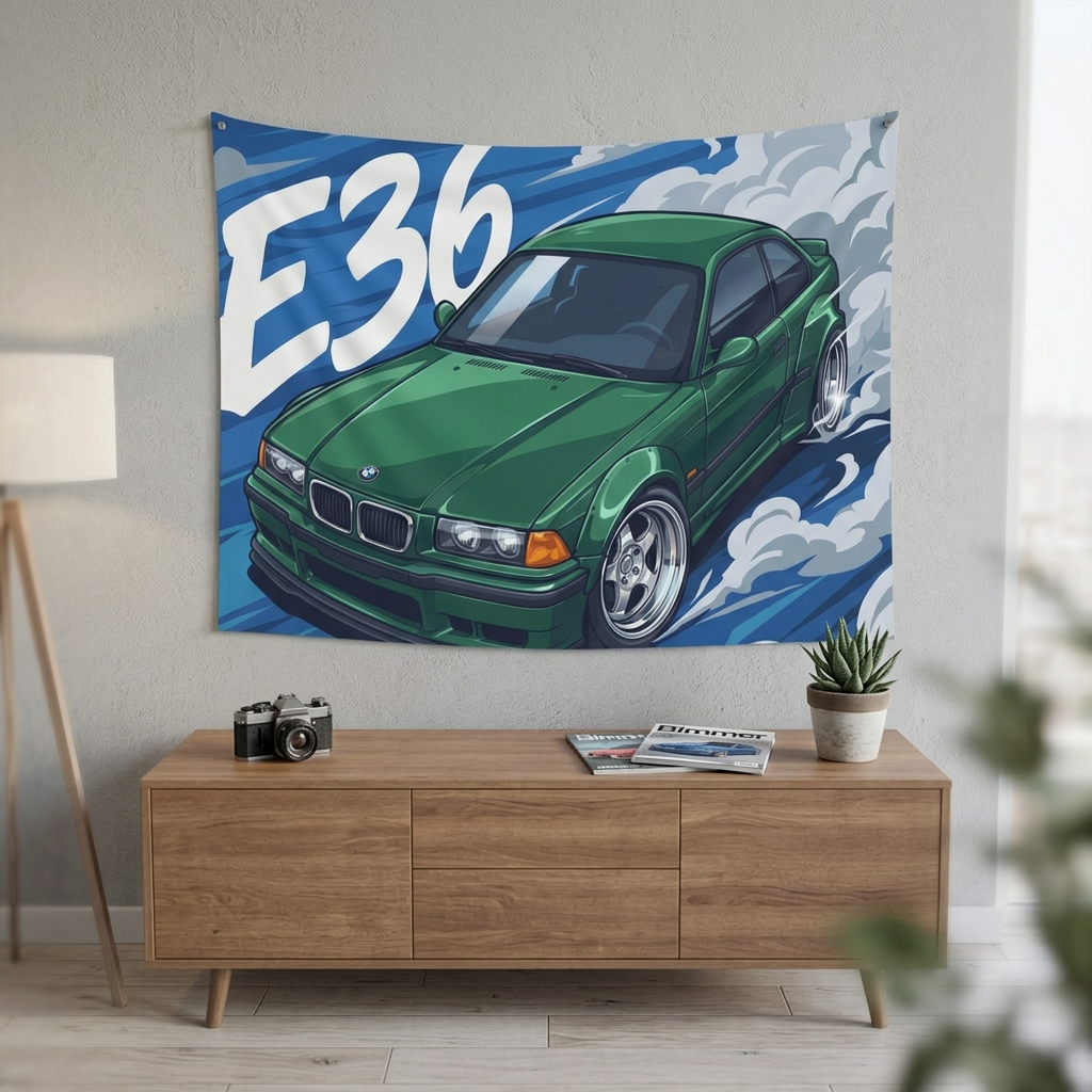 BMW 3 Series E36 British Racing Green M-Sport Aerial Bold Graphic Car Wall Art Tapestry