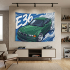 BMW 3 Series E36 British Racing Green M-Sport Aerial Bold Graphic Car Wall Art Tapestry