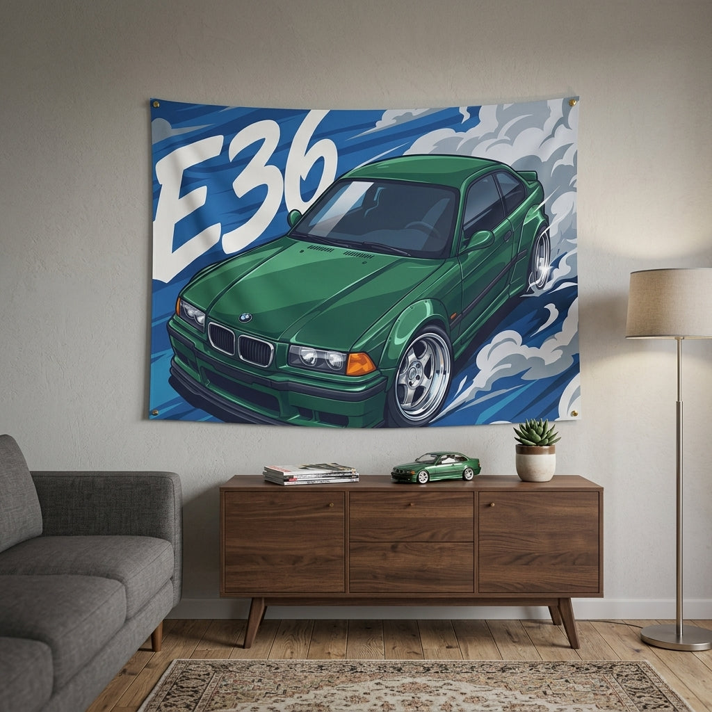 BMW 3 Series E36 British Racing Green M-Sport Aerial Bold Graphic Car Wall Art Tapestry