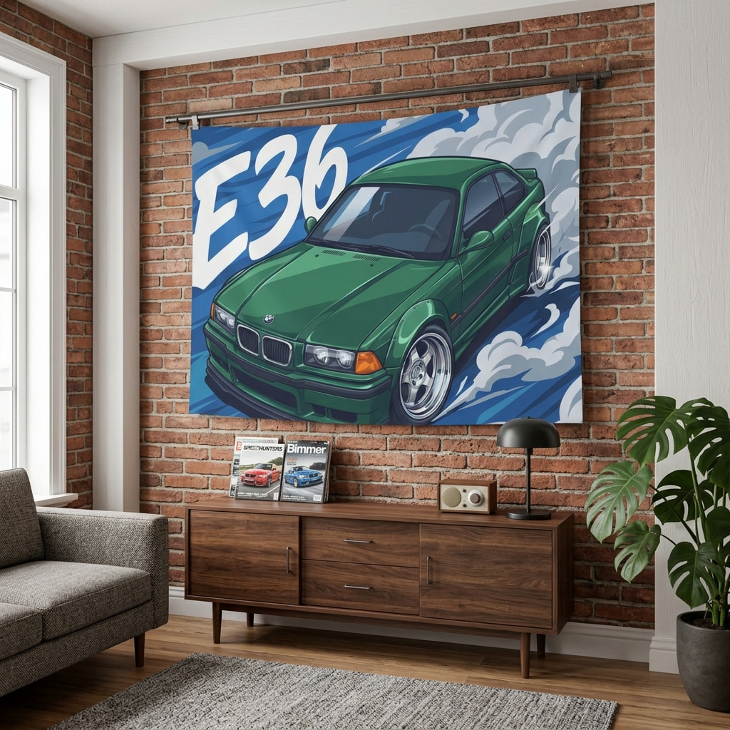 BMW 3 Series E36 British Racing Green M-Sport Aerial Bold Graphic Car Wall Art Tapestry