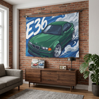 BMW 3 Series E36 British Racing Green M-Sport Aerial Bold Graphic Car Wall Art Tapestry